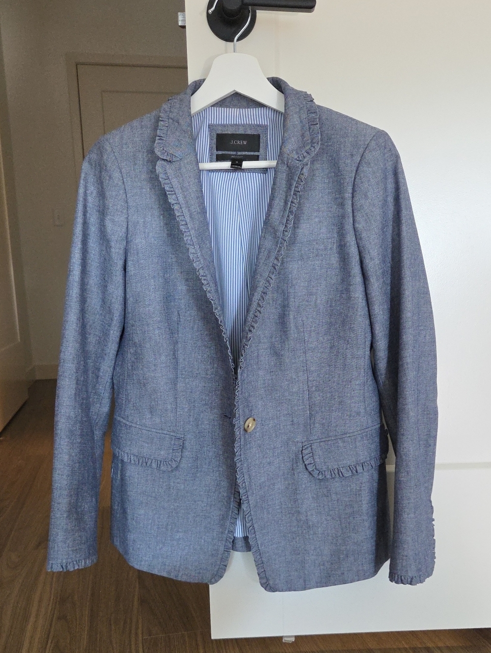 J. Crew Blue Chambray Ruffle-Trim Blazer